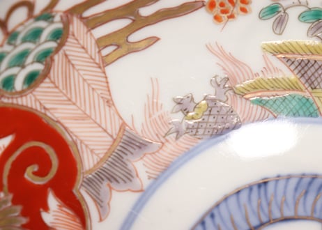 明治前期色絵松竹梅に鶴亀図通り物7寸皿