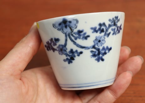 江戸中期紙刷古印判花と唐草図猪口　ニュウ直し,ノミホツ