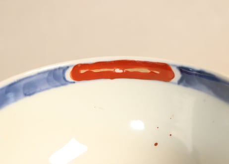 明治前期色絵獅子牡丹と幾何学文図飯茶碗②窯傷