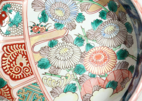 明治前期色絵菊と鶴亀図三ツ組鉢