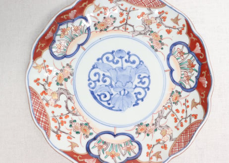 明治前期色絵梅に鶯と菖蒲図通り物7寸皿②かたつき