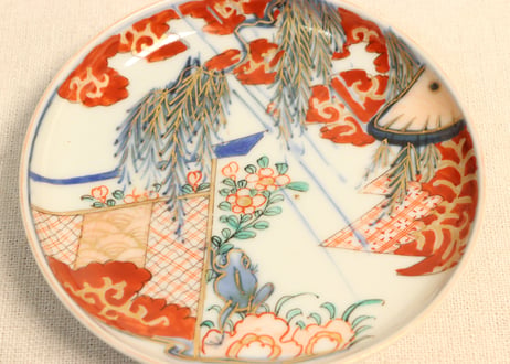 明治前期色絵柳に蛙図小皿