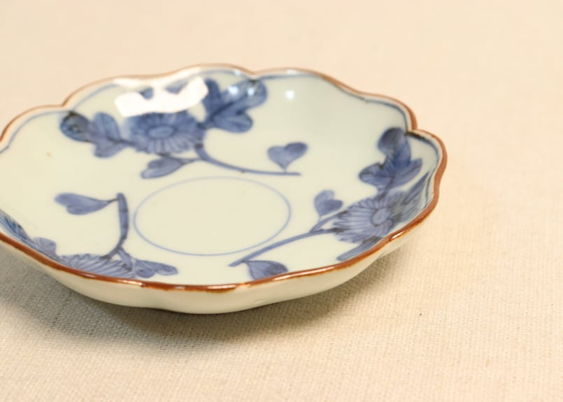 江戸前期 染付 菊流水紋 葉型小皿 江戸後期染付鳳凰と