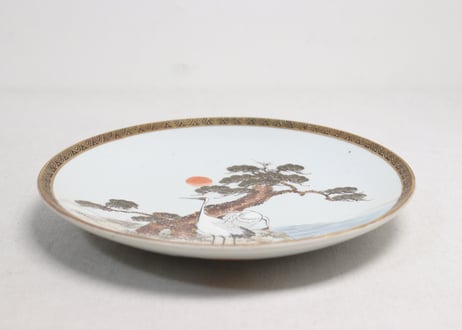 明治前期九谷焼色絵松鶴図通り物7寸皿②少甘手