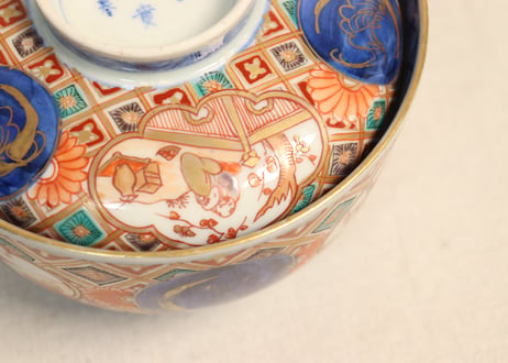 明治前期色絵梅と人物と青玉図蒸茶碗 5客組