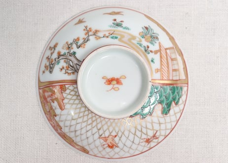 明治前期色絵網手に鶴と梅に鶯図通り物飯茶碗