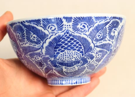 明治前期紙刷牡丹図飯茶碗