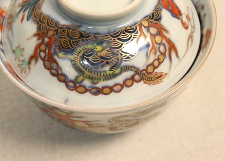明治前期色絵龍と宝珠に人物図通り物飯茶碗②蓋少甘手