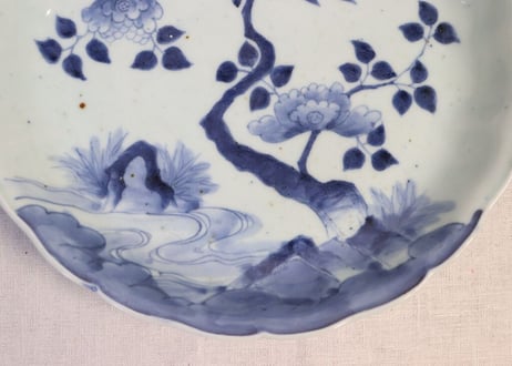 江戸中期染付花鳥図尺深皿　ニュウ