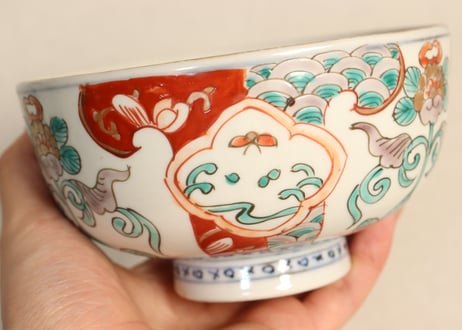 明治前期色絵三方に牡丹図蒸茶碗