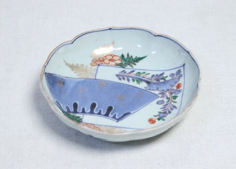 江戸中期色絵扇面に牡丹と羊歯図なます皿　5客組　１客高台ホツ