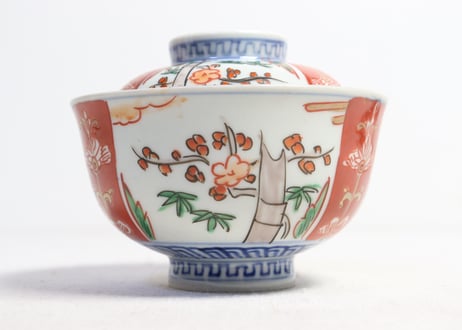 明治前期色絵三方に竹梅図通り物飯茶碗