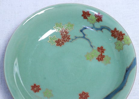 明治前期青磁色絵紅葉図5寸皿