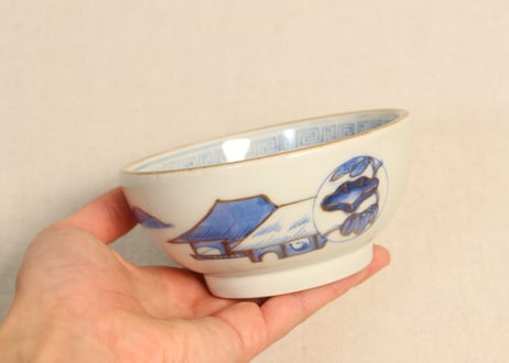 江戸幕末金彩朝顔と山水図飯茶碗