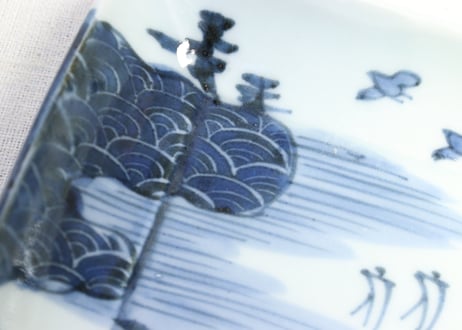 江戸幕末染付青海波と帆掛け舟図長皿②黒点