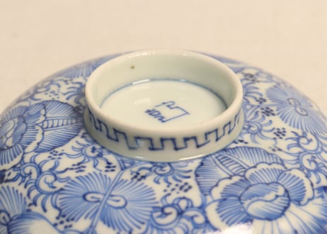江戸幕末染付線描き三方に花図蓋茶碗 5客組