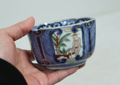 江戸中期色絵四方芭蕉と人物図角向付 ノミホツ