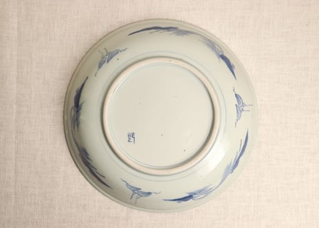 江戸幕末染付竹林雀と山水図尺皿