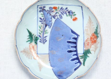 江戸中期色絵扇面に牡丹と羊歯図なます皿　5客組　１客高台ホツ
