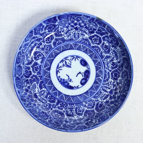 ♦九谷焼 明治時代 金彩色絵 団扇松鶴図 四方鉢 向付 茶道具 古美術 骨董品 明治期 九谷焼 色絵 花鳥図 約16cm 5.1寸 細かな彩色が美しい中