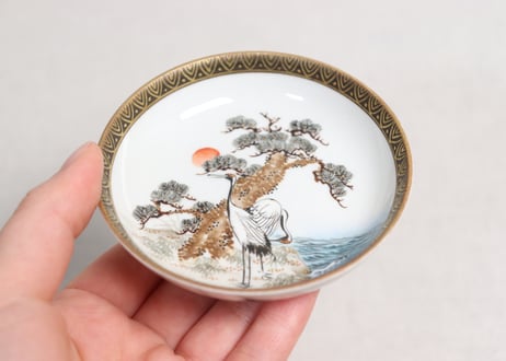 明治前期九谷焼色絵松鶴図通り物豆皿　甘手