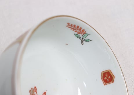 明治前期色絵網手に鶴と梅に鶯図通り物蒸茶碗①