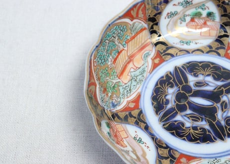 明治前期色絵山水風景と青海波図なます皿①