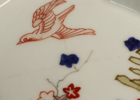 明治後期～大正色絵紅葉と鳥図縁立菱形皿②釉剥げ