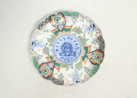 江戸時代末期～明治時代　江戸前期　古九谷写し　色絵　扇面形　松竹梅に鳥の図　皿 色絵松竹梅牡丹双鳳文大皿｜今後展示予定の日本・東洋のやきもの
