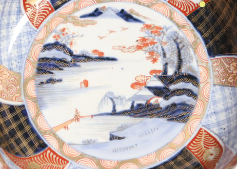 明治前期色絵山水と捻子文8寸鉢2pセット 共箱付き 金彩少剥げ有り