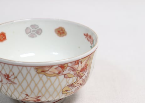 明治前期色絵網手に鶴と梅に鶯図通り物蒸茶碗②高台ホツ,高台内柄無し