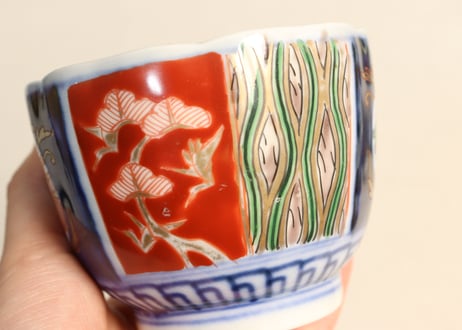 明治前期色絵松鶴と屋敷図向付 窯傷