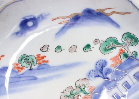 明治前期色絵山水図なます皿　釉弾き