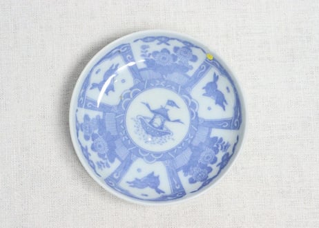 明治後期～大正銅判舟と三方に兎図小皿④　小ホツ,かたつき