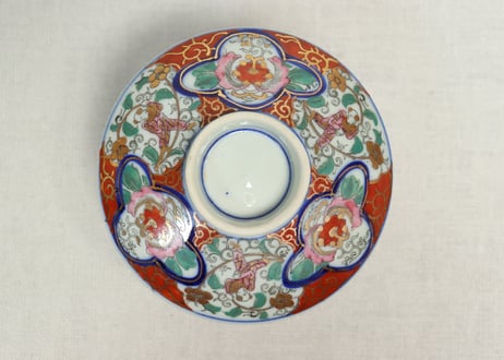 明治後期～大正色絵プリント花と唐子図蒸茶碗