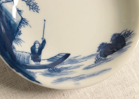 明治後期~大正銅判染付山水舟上人物図小皿
