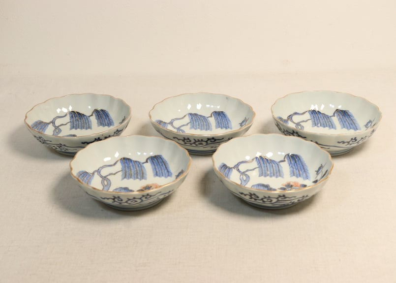 江戸幕末金彩柳と牡丹図なます皿 5客組 1客ノミホツ有り