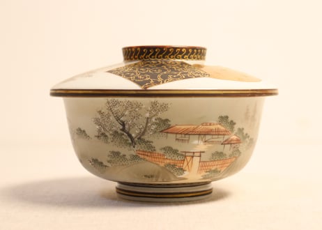 明治前期九谷焼色絵家風景図通り物蒸茶碗