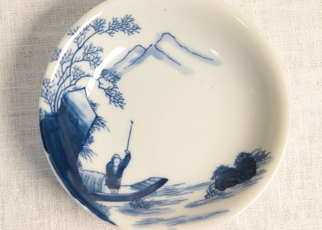明治後期~大正銅判染付山水舟上人物図小皿