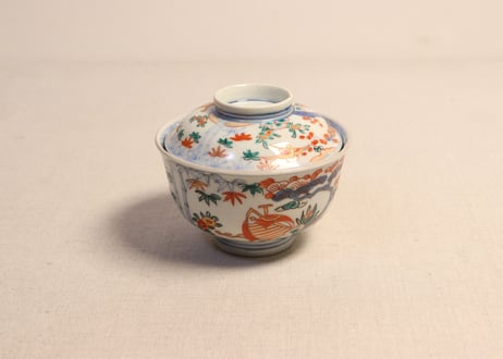 明治前期色絵花鳥に舟図飯茶碗　黒点