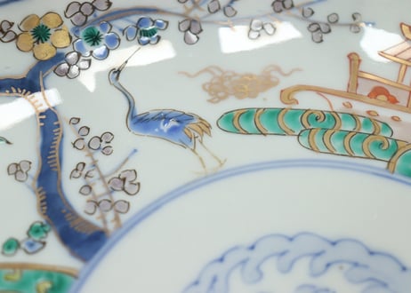 明治前期色絵鶴と松竹梅図通り物7寸皿