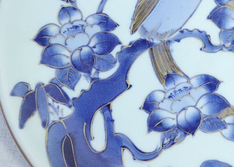 江戸幕末金彩染付花鳥図尺皿