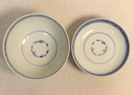 江戸幕末染付線描き三方に花図蓋茶碗 5客組