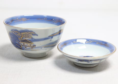 江戸幕末金彩染付山水図飯茶碗