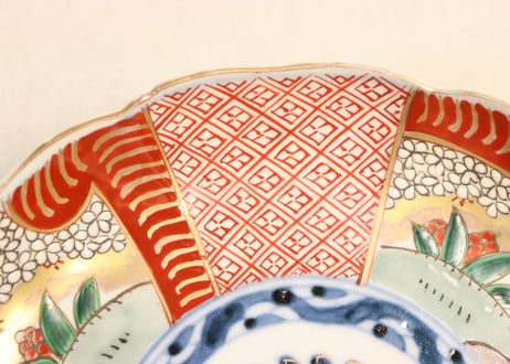 明治前期色絵桜に万年青図通り物7寸皿②少甘手