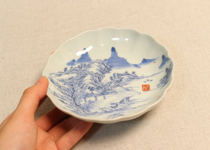 和食器　古染付　山水人物文　末広向付　五客　在銘　共箱　V　7503A 江戸幕末染付山水船上人物図7寸皿 | 吉祥寺PukuPuku