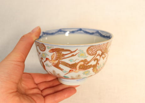 明治前期色絵松鶴図通り物飯茶碗