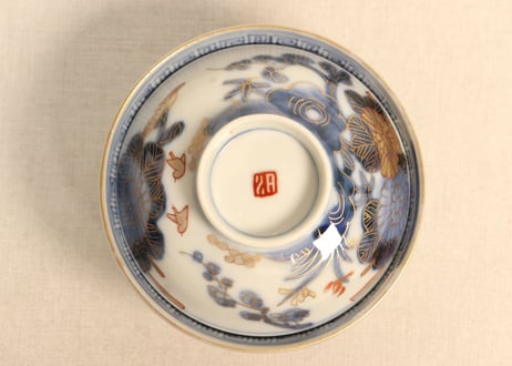 明治前期金彩染付四君子図飯茶碗