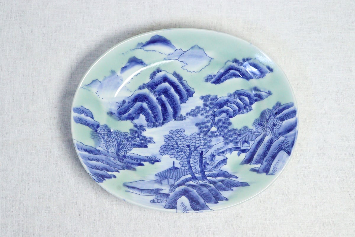 明治後期～大正銅判青磁山水図尺楕円皿 | 吉祥寺PukuPuku