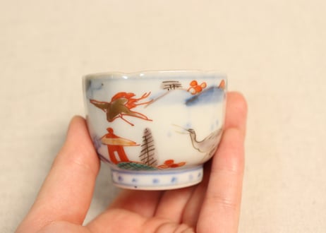 明治前期色絵山水と鶴図小向付